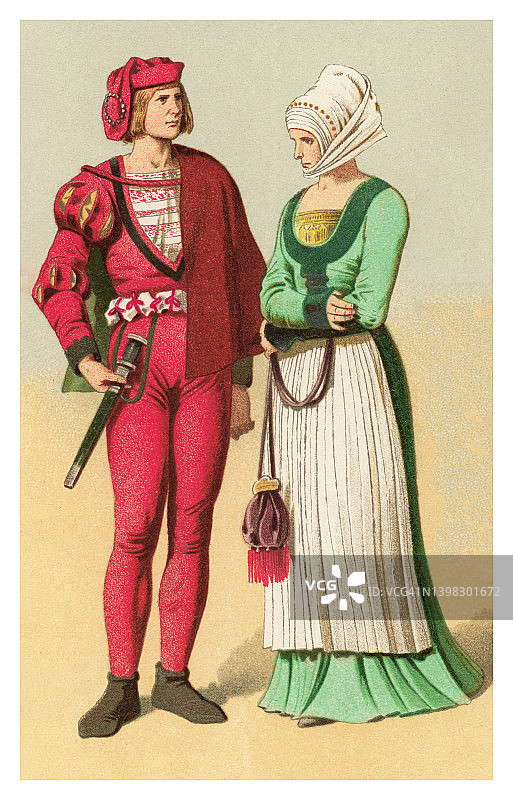 16世纪服装古老彩色石印插图图片素材