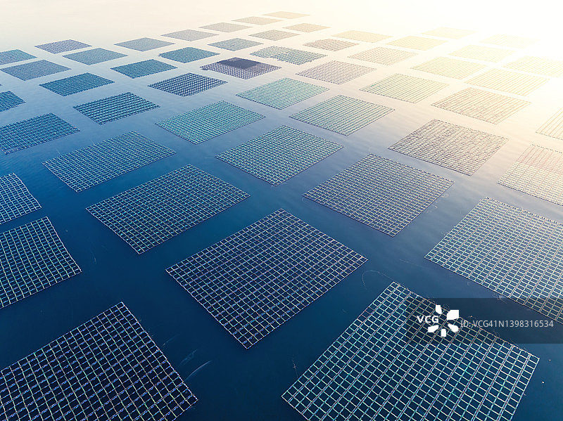 日出时分的养鱼场航拍景观图片素材