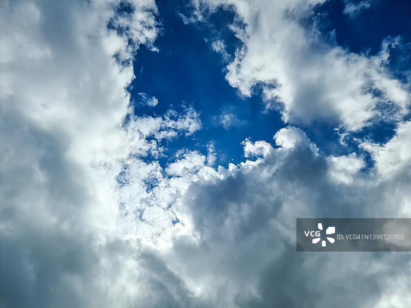 深蓝色夏日天空中的美丽蓬松的白色云朵图片素材