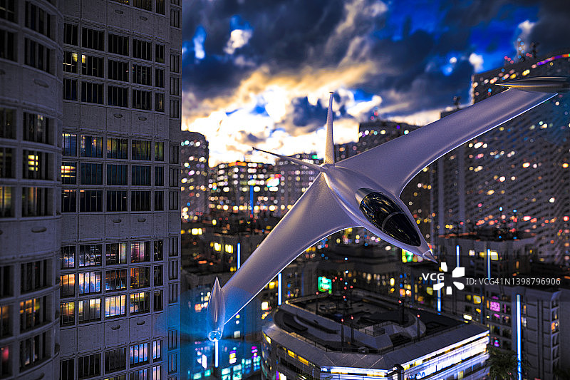 电动飞机飞过城市图片素材