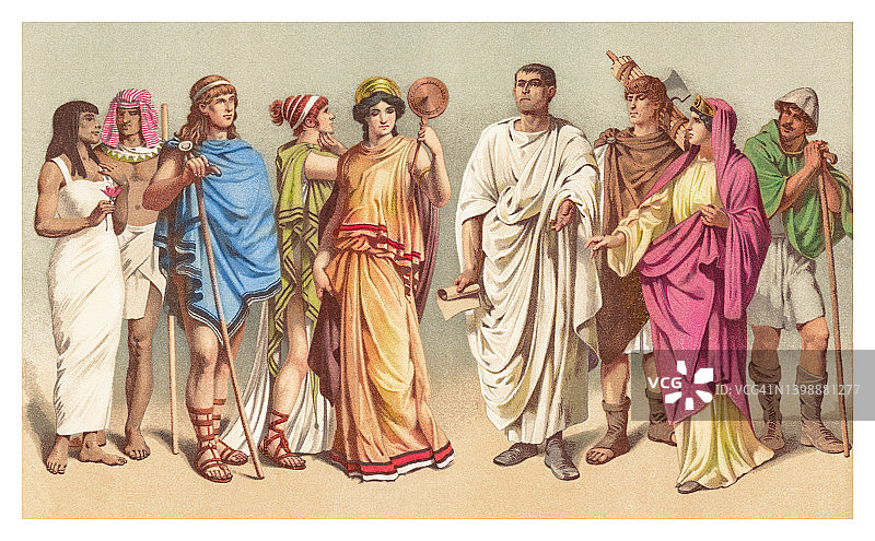 古埃及和希腊服饰古老彩色石印插图图片素材