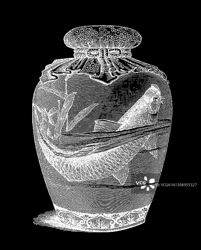 日本艺术 - 装饰花瓶古老雕刻插图图片素材