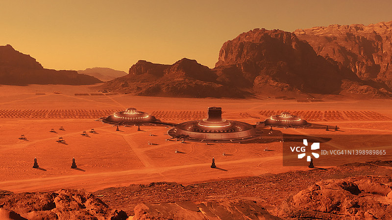 火星上的人类聚居地，干旱气候中的锈色山脉图片素材