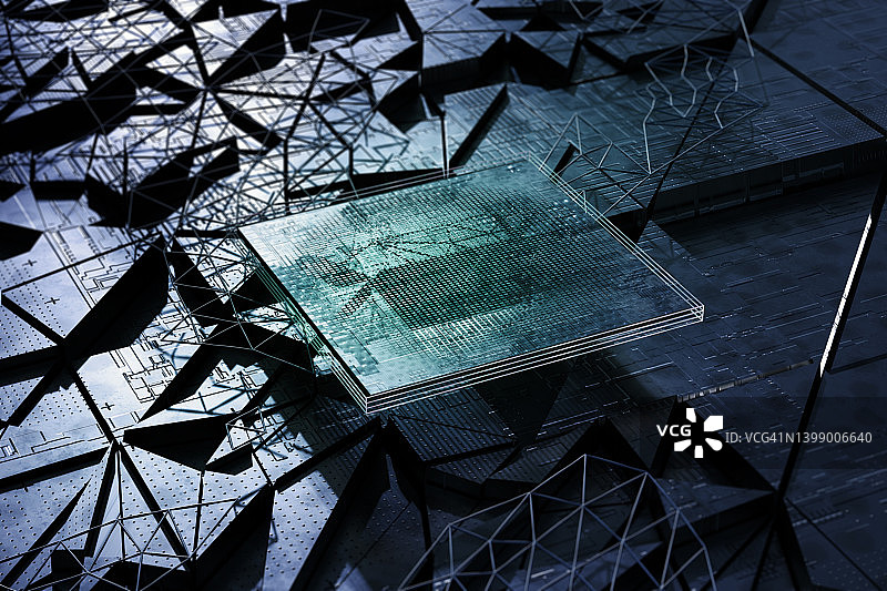 科技主板上的抽象未来主义微芯片图片素材