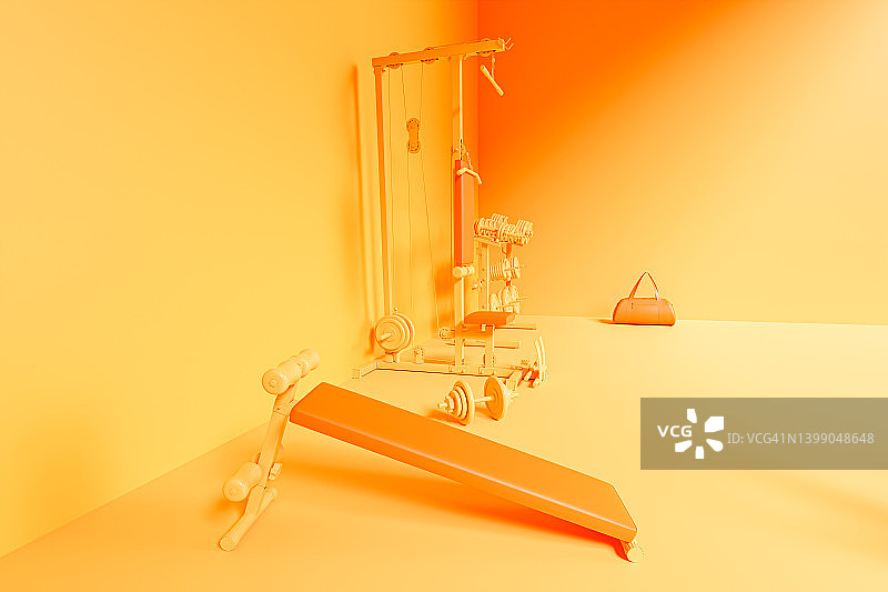 电脑生成的健身器材和单车图片，健康生活概念，橙色3D渲染图片素材