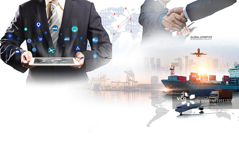 集装箱货运列车的全球业务，用于商业物流概念、航空货运、铁路运输和海运、全球在线商品订单图片素材