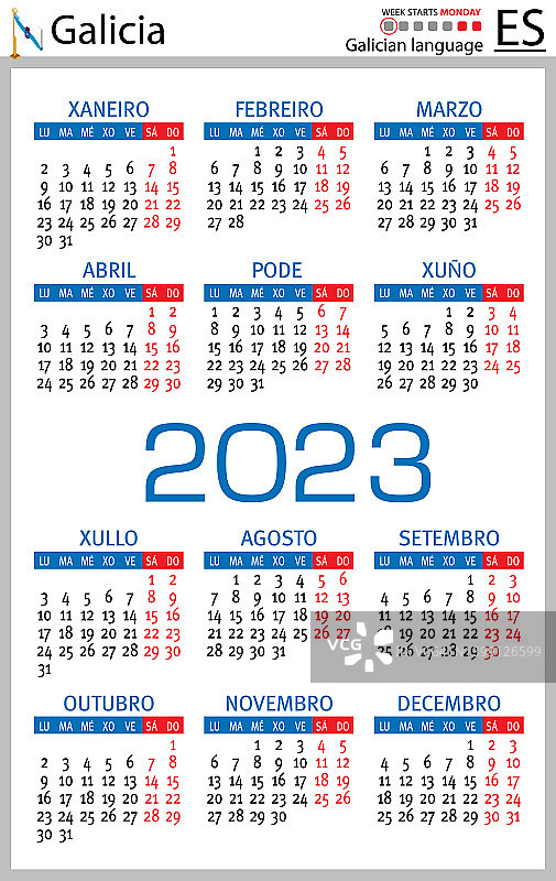2023年加利西亚竖版袖珍日历，周一为每周第一天图片素材