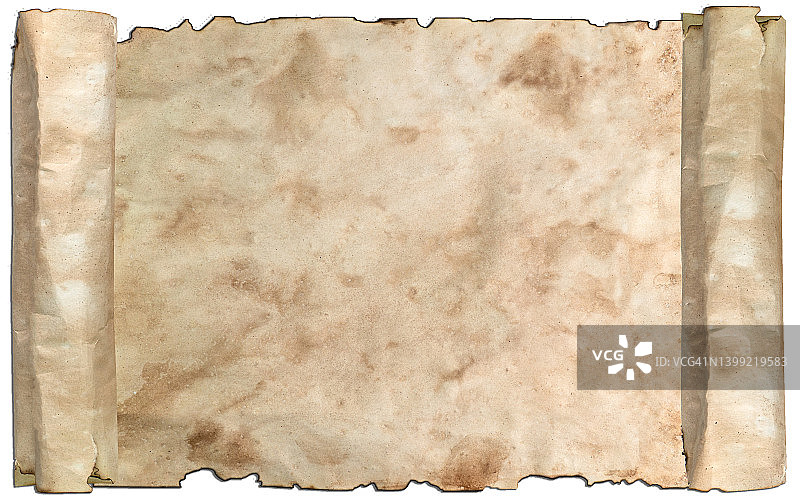 旧纸卷轴或羊皮纸，具有古旧烧毁纹理的纸张。用于书法回忆录记录和书籍制作的纸张图片素材