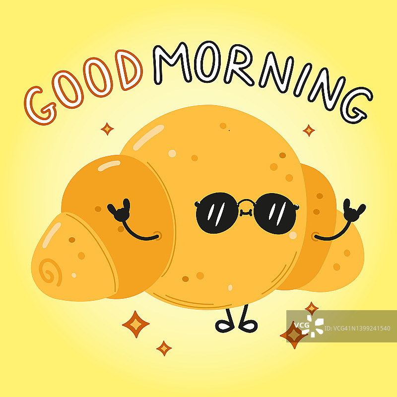 可爱的卡通牛角包早安贺卡矢量插画图片素材