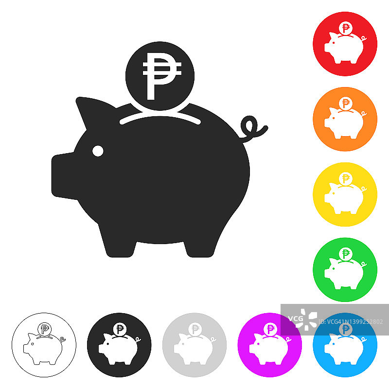 带比索硬币的储蓄罐，彩色按钮图标图片素材