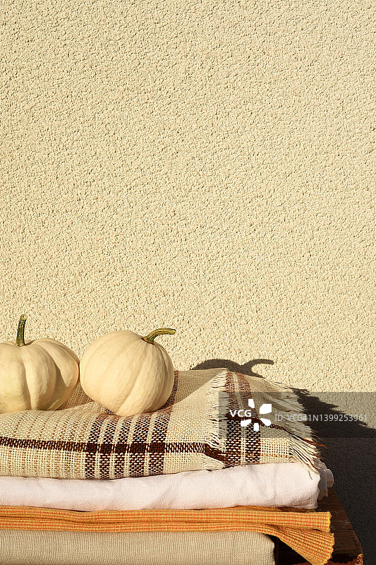 毯子堆上的白色南瓜秋季组合图片素材