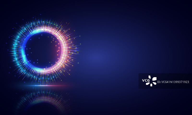 发光HUD圆圈。光线、射线和闪烁的圆环。彩色隧道。明亮的边框。魔法门户。发光电子和闪光旋转。烟花模型。抽象圆霓虹灯和阴影背景图片素材