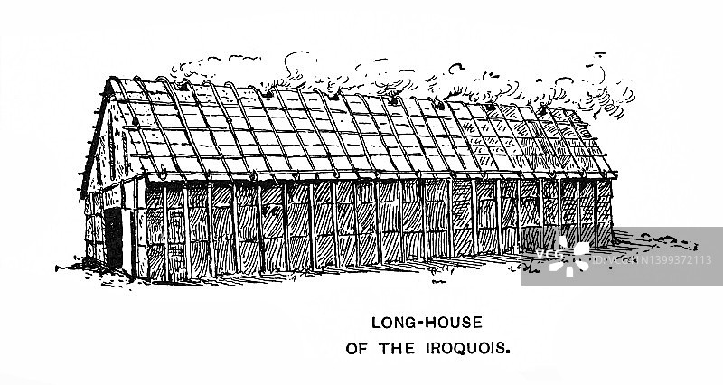易洛魁人的长屋的老式雕刻插图图片素材