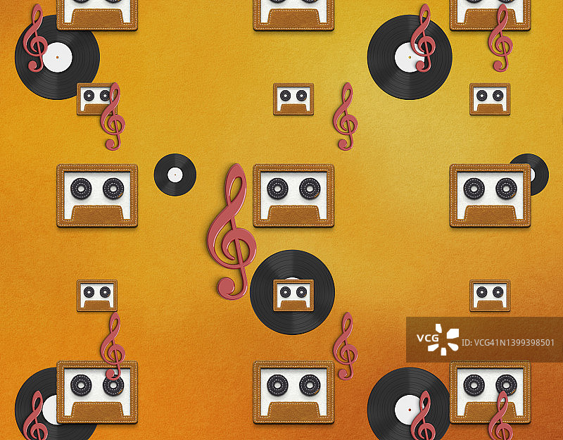 橙色背景中的音频卡带、黑胶唱片和音符无缝图案图片素材