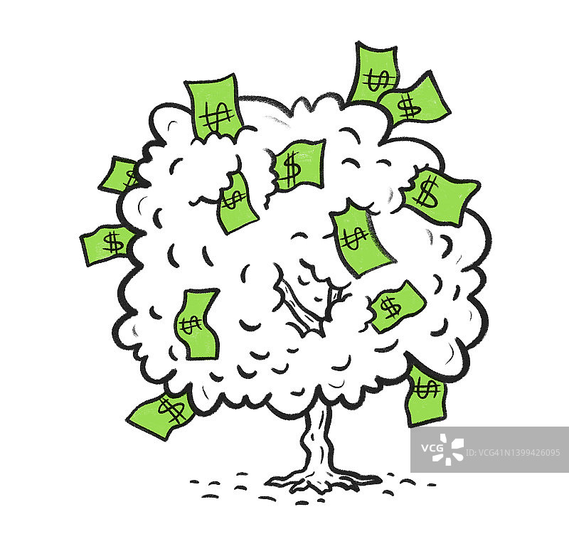 树上手绘绿色美元钞票的简笔画插图图片素材