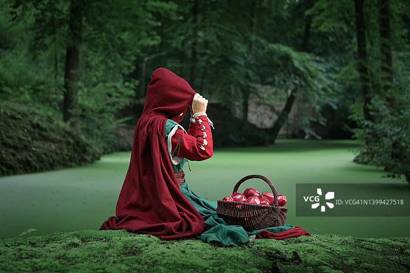 森林里美丽的小红帽女孩图片素材