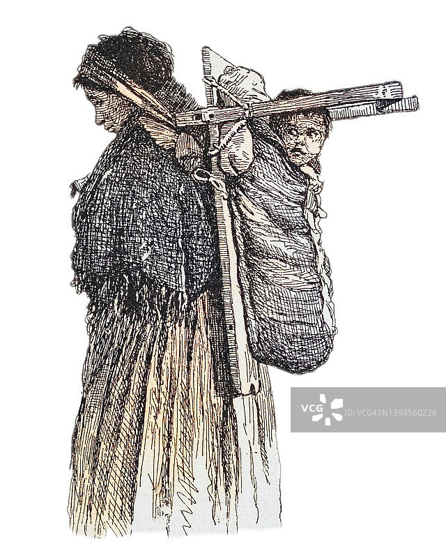 印度妇女与婴儿的古老雕刻插图图片素材