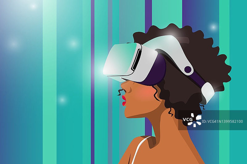 元宇宙概念插画：深色皮肤的女人使用VR设备加入虚拟世界或数字城市图片素材