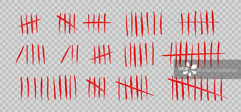 透明背景上的计数标记，血红色监狱墙壁计数符号矢量图图片素材