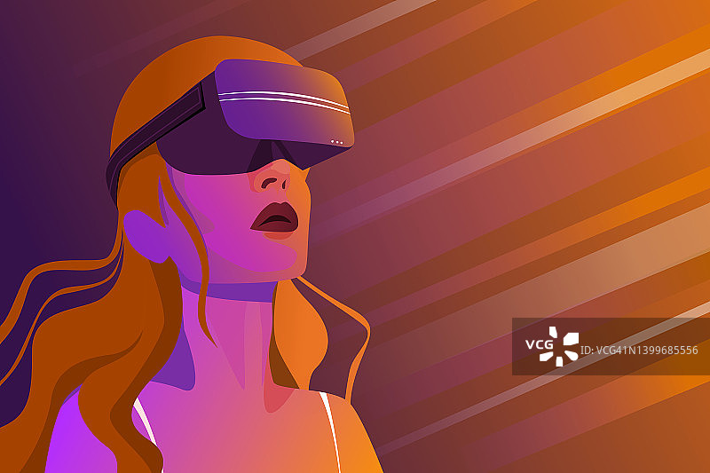元宇宙概念：使用VR设备观看虚拟世界的女人图片素材
