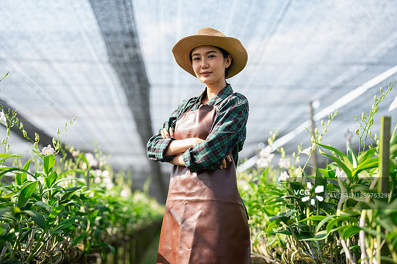 年轻亚洲女子在兰花农场图片素材