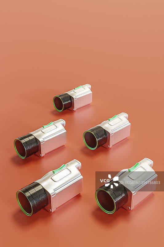 红色背景上的白色和绿色摄像机3D渲染图片素材