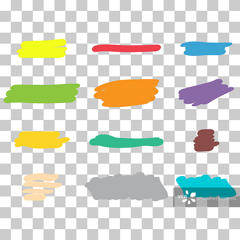 高亮标记图标、笔刷元素墨水符号、笔触手绘笔记矢量插图图片素材