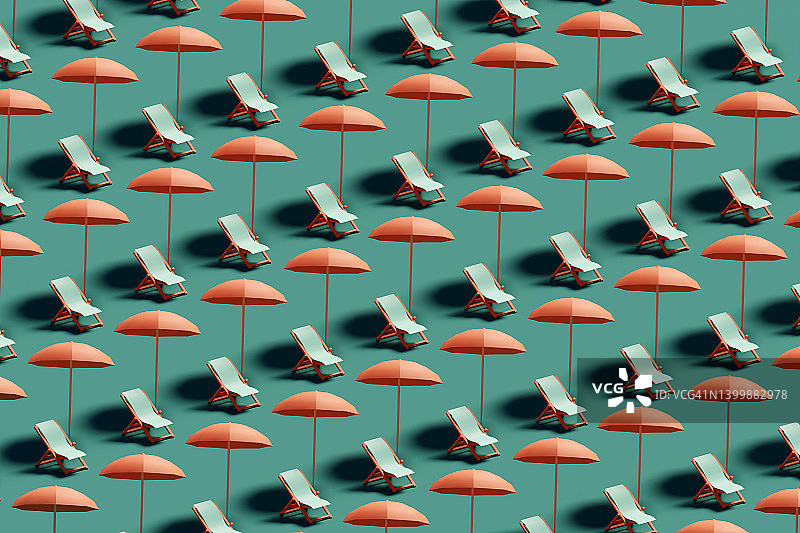 数字生成的沙滩椅和遮阳伞图案：度假、放松和夏日图片素材