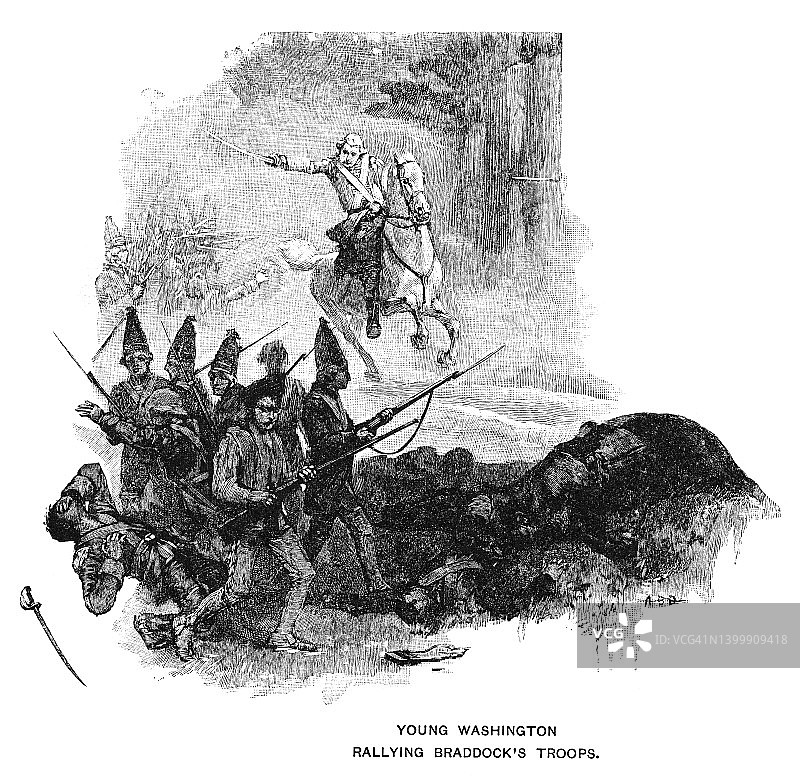 年轻的华盛顿集结布雷多克军队的古老雕刻插图图片素材