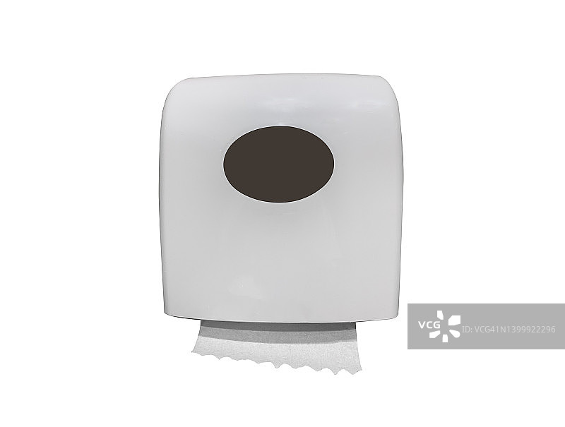纸巾分配器，公共卫生间的白色设备，卫生护理和清洁手部，壁挂式卷筒毛巾架，隔离在白色背景上图片素材