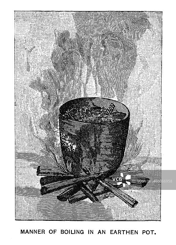 在土锅中煮沸方式的古老雕刻插图图片素材