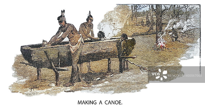印第安人制作独木舟的古老雕刻插图图片素材