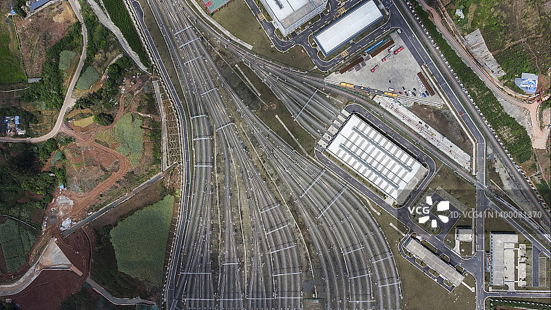 成都地铁车辆段密集轨道及地下室航拍图片素材