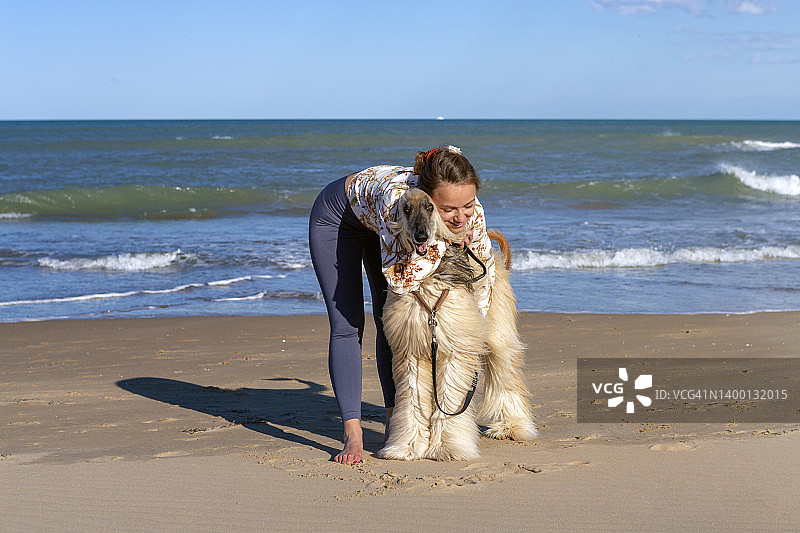 女人在海滩上拥抱她的纯种狗图片素材