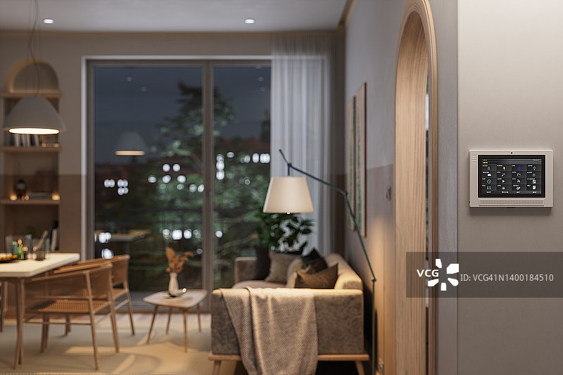 带模糊背景的客厅智能家居自动化系统图片素材