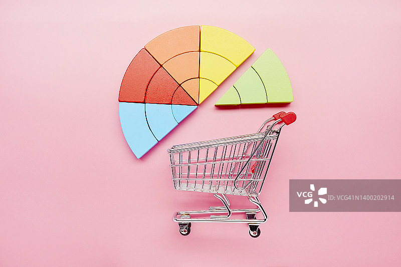 粉色背景上彩色积木和购物车组成的饼状图高角度俯视图片素材