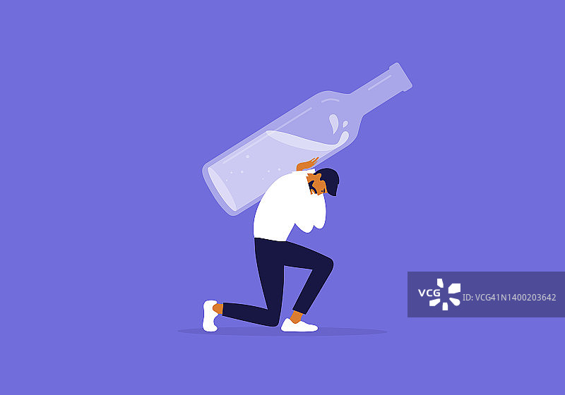 酗酒的男人矢量图：男子肩扛巨型酒瓶，神情沮丧图片素材