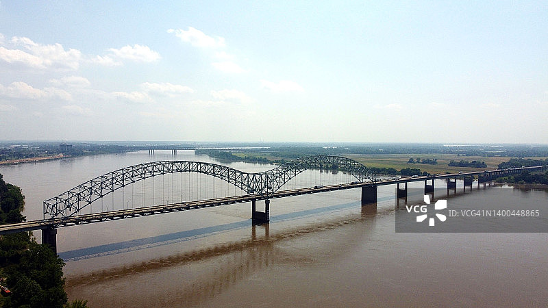田纳西州孟菲斯市及密西西比河上的埃尔南多·德·索托大桥无人机航拍图片素材