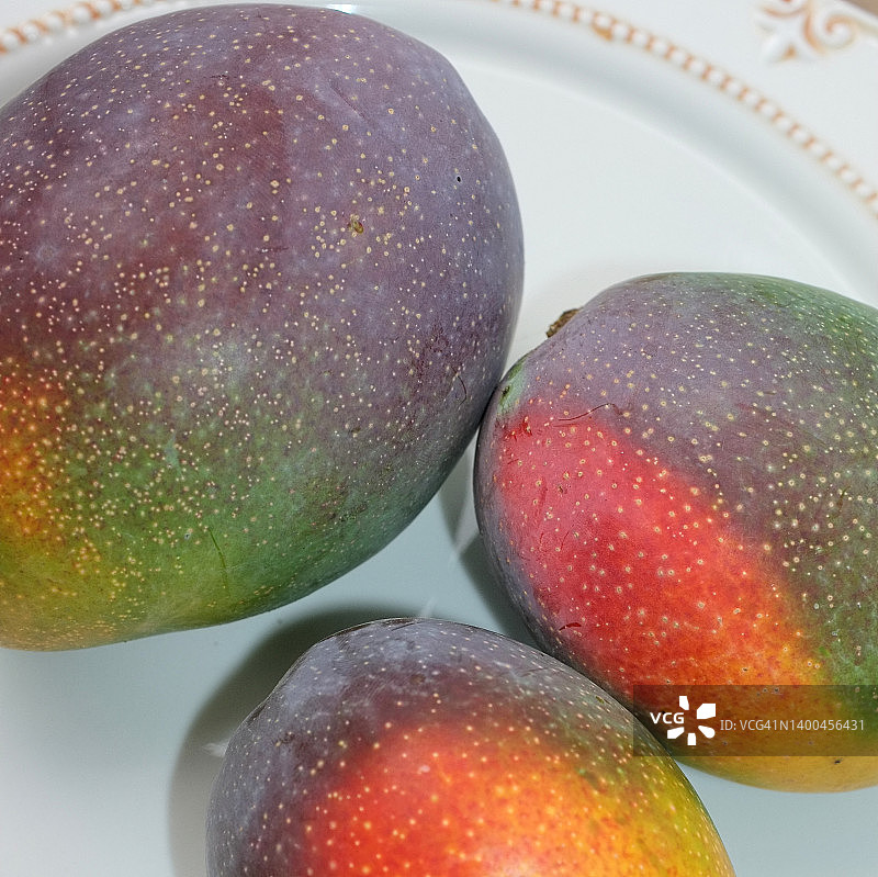 盘子里的三个紫色芒果，成熟，方形图片素材