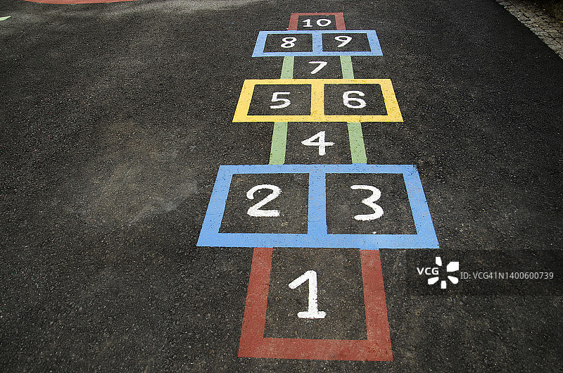 在街上绘制的彩色跳房子俯视图图片素材