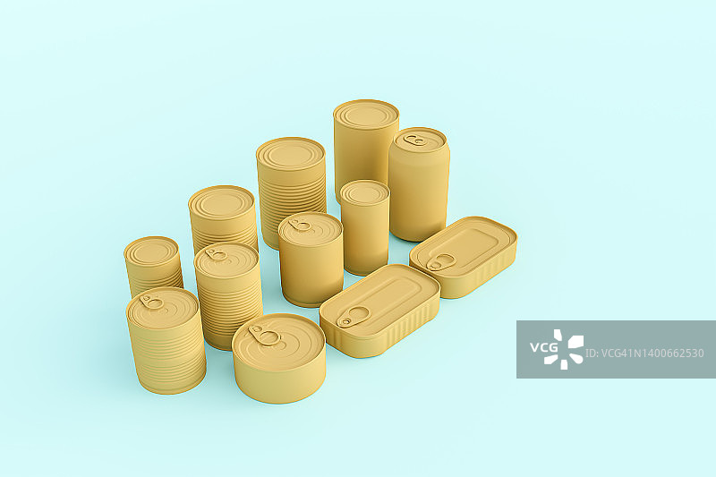 绿色背景上隔离的不同罐头食品图片素材