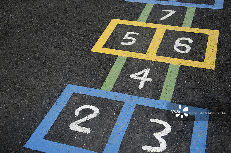 在街上绘制的彩色跳房子俯视图图片素材