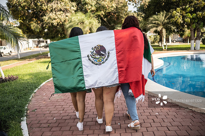 朋友们户外手持墨西哥国旗的背影图片素材