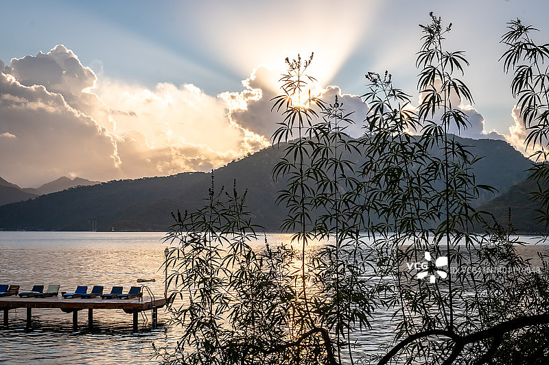 土耳其马尔马里斯和伊奇梅莱附近地中海沿岸的夏日风光。黎明时分，透过松枝看海湾和山脉图片素材