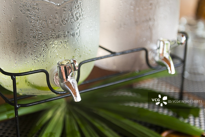 带有热带树叶装饰的酷玻璃水罐图片素材