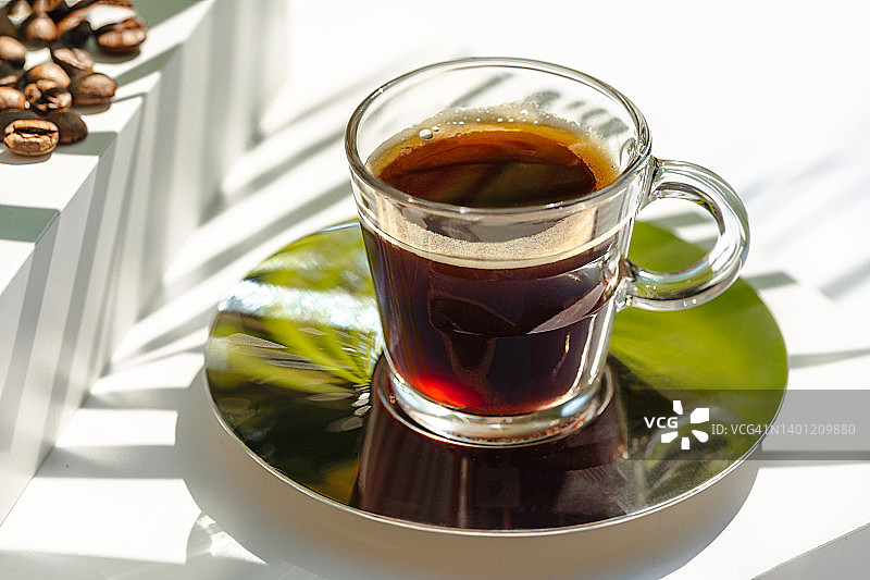 玻璃杯中的芳香早咖啡和白色背景上绿色棕榈树叶阴影的烘焙咖啡豆图片素材