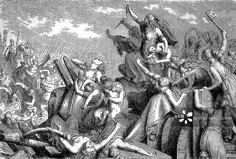 辛布里人和条顿人保卫战车城堡，对抗罗马士兵（古罗马历史场景，19世纪修复再现）图片素材