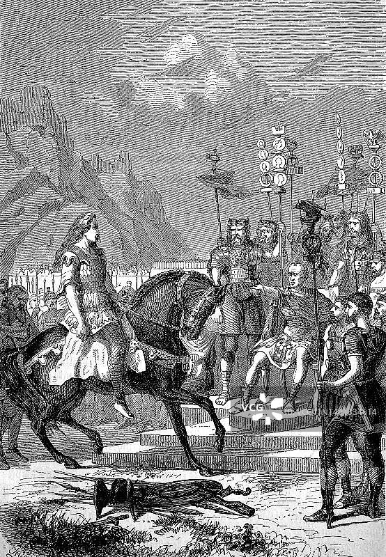 韦尔辛热托里克斯将武器扔在凯撒脚下图片素材