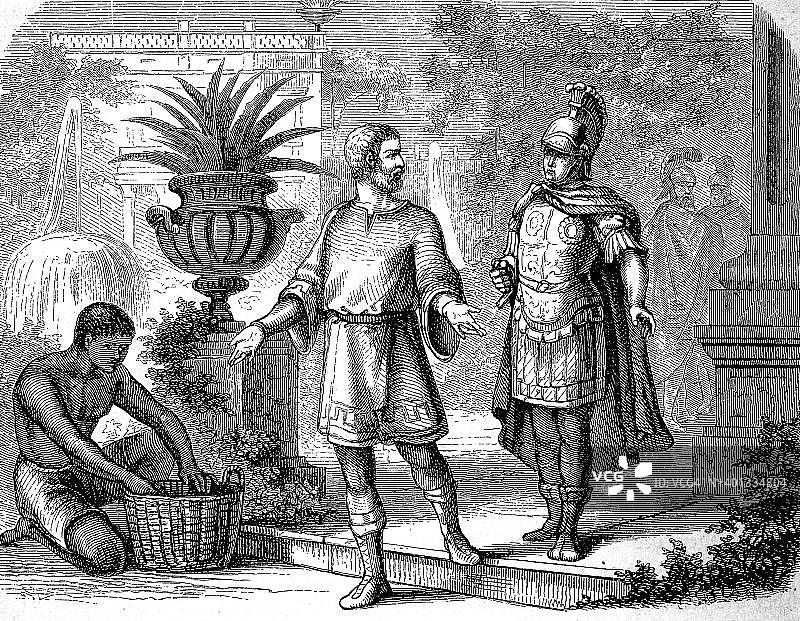 君士坦丁大帝，弗拉维乌斯·瓦莱里乌斯·奥勒里乌斯·君士坦丁·奥古斯都，也被称为君士坦丁一世，圣君士坦丁，公元306年至337年的罗马皇帝历史数字修复再现19世纪原件，确切日期未知图片素材