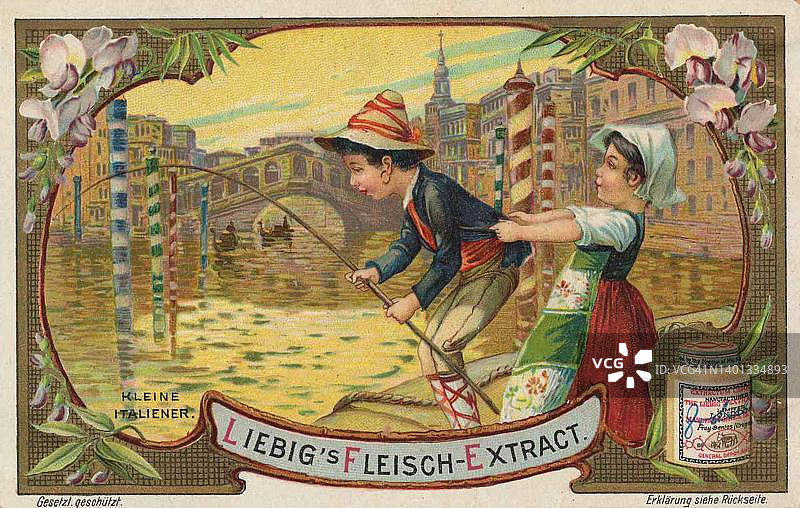 他国儿童系列图片：意大利，威尼斯里亚托桥前的儿童垂钓场景，1900年收藏家图片数字修复再版图片素材